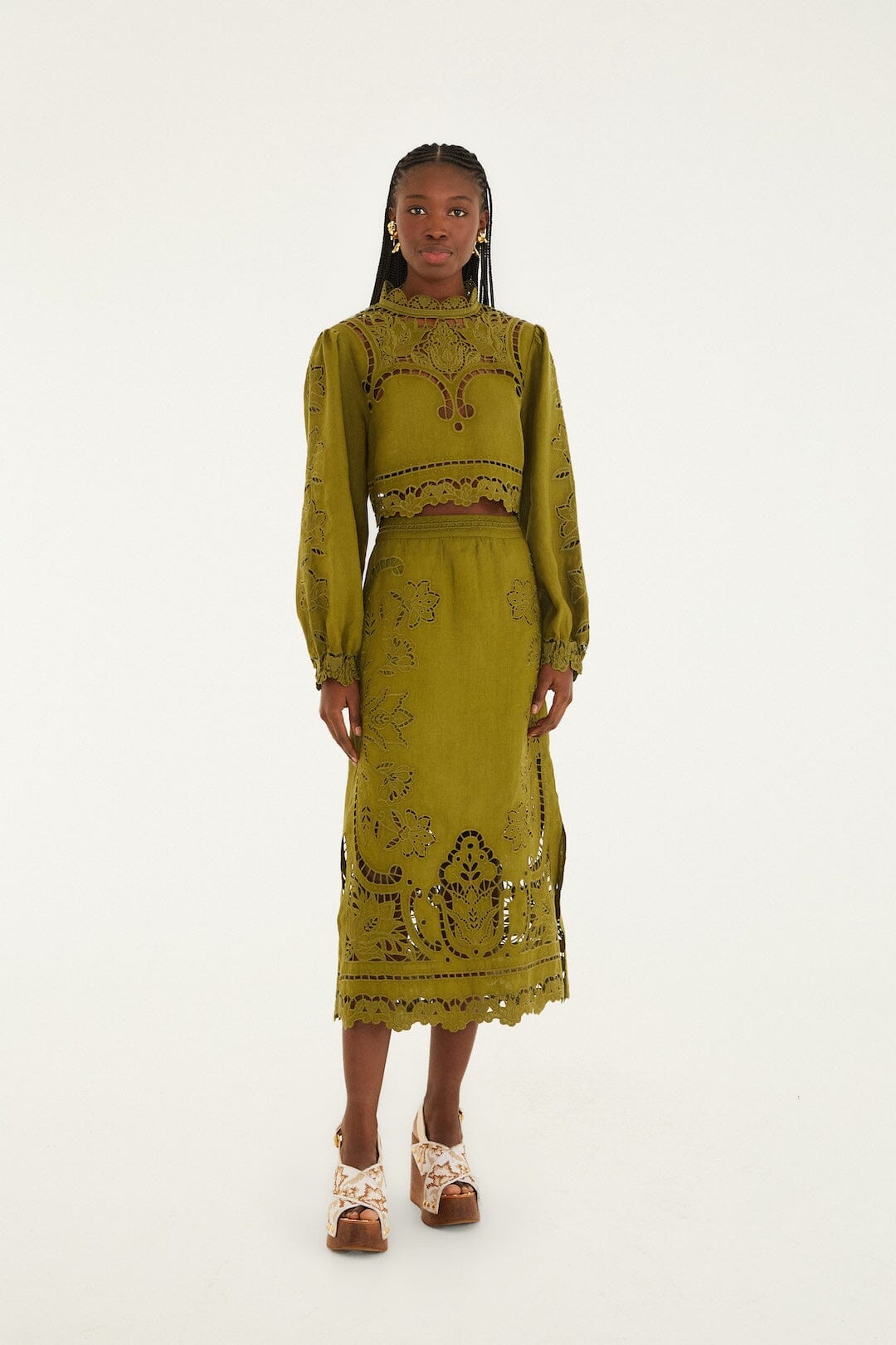 FARM Rio Sale by Type Green Majestic Garden Euroflax Premium Linen Richelieu Midi Skirt