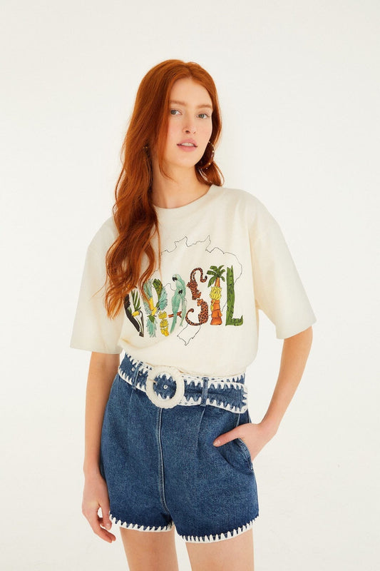 FARM Rio Sale by Type Denim Crochet Embroidery Belted Shorts