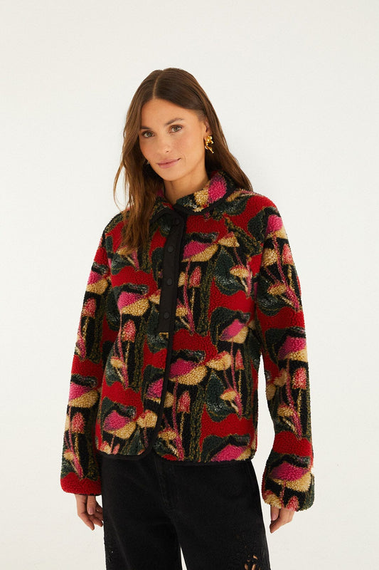 FARM Rio Sale by Type Black Wild Mushrooms Fleece Bomber Jacket