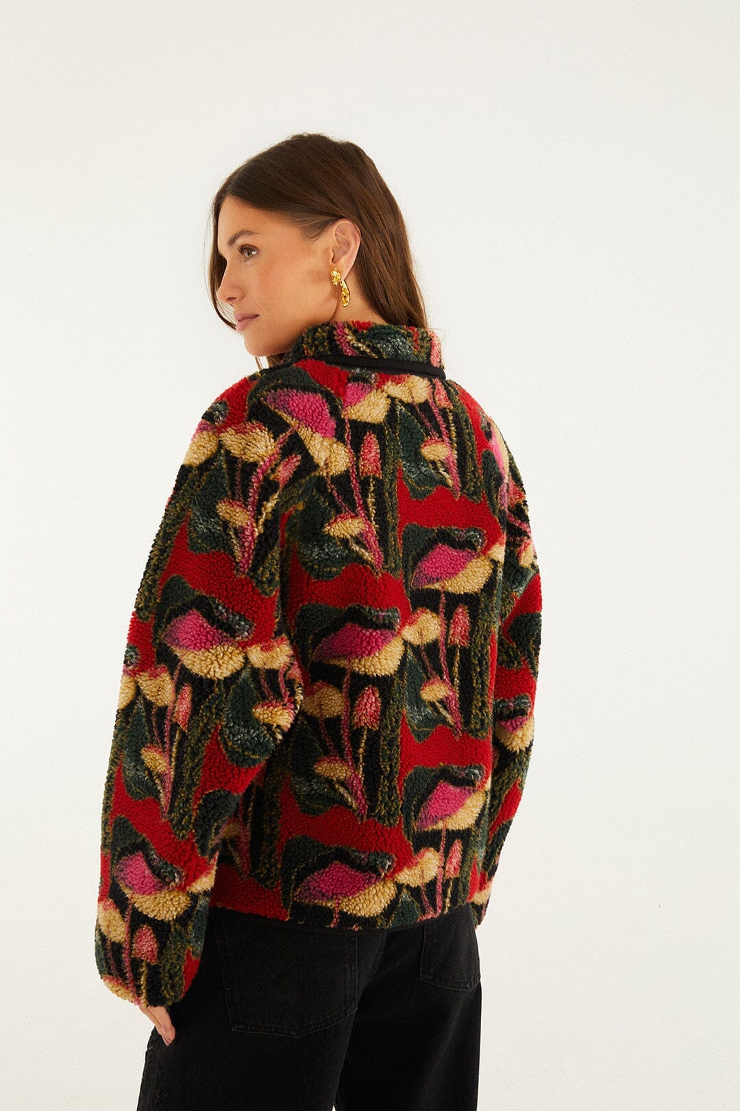 FARM Rio Sale by Type Black Wild Mushrooms Fleece Bomber Jacket