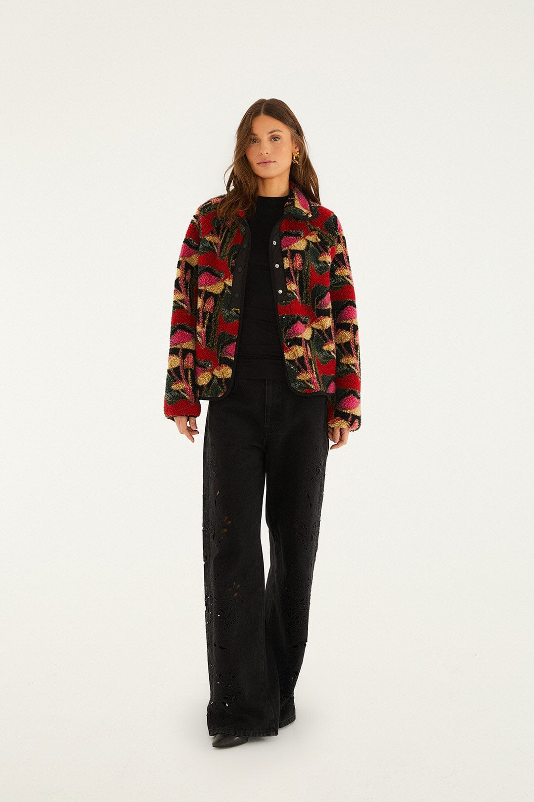 FARM Rio Sale by Type Black Wild Mushrooms Fleece Bomber Jacket