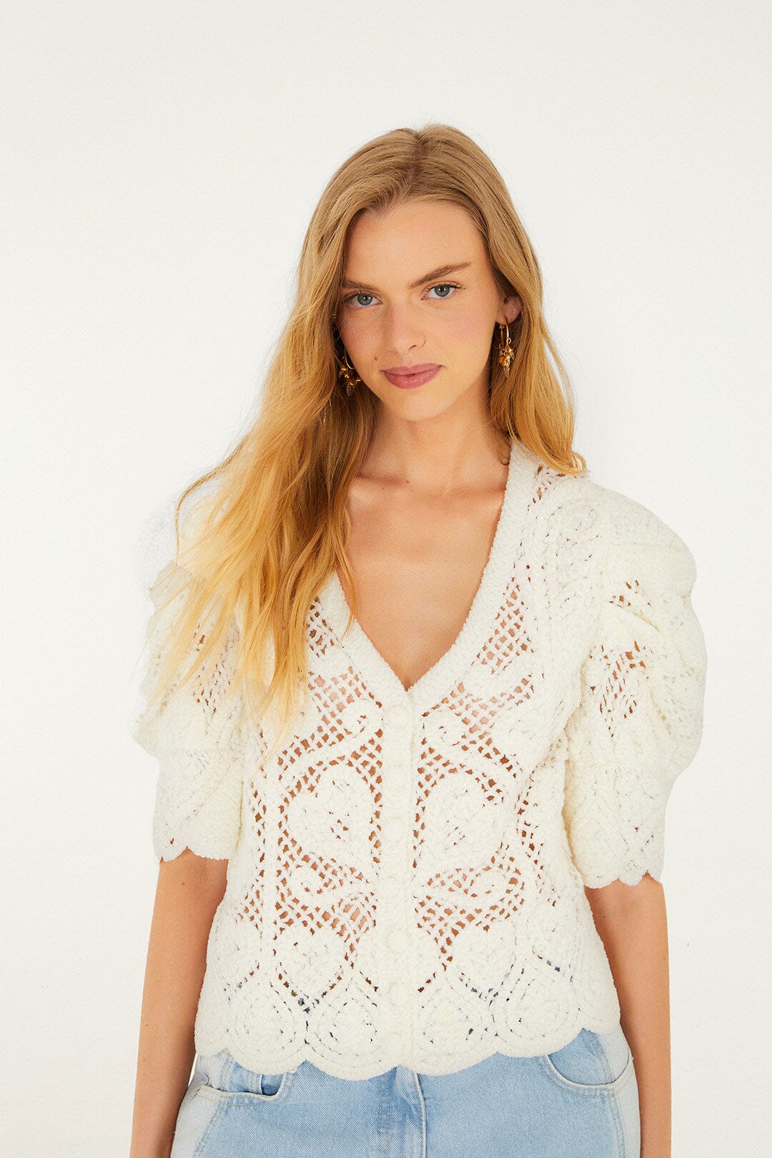 FARM Rio Sale by Type Off-White Rococo Hearts Crochet Cardigan