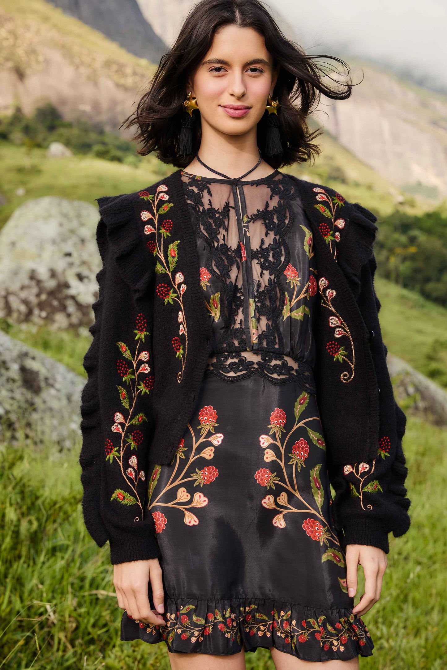 FARM Rio Sale by Type Black Berry Embroidery Knit Cardigan