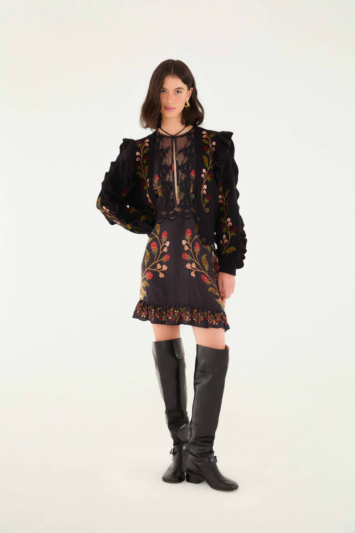FARM Rio Sale by Type Black Berry Embroidery Knit Cardigan
