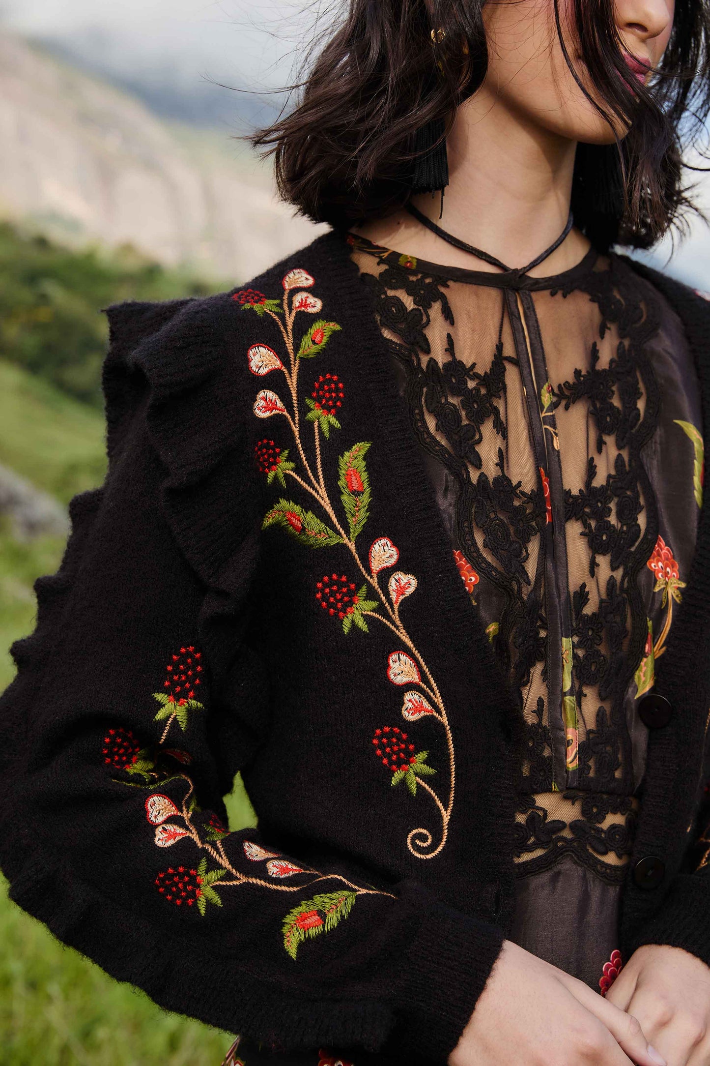 FARM Rio Sale by Type Black Berry Embroidery Knit Cardigan