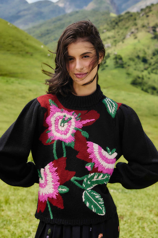 FARM Rio Sale by Type Black Bold Colorful Flower Embroidered Knit Sweater