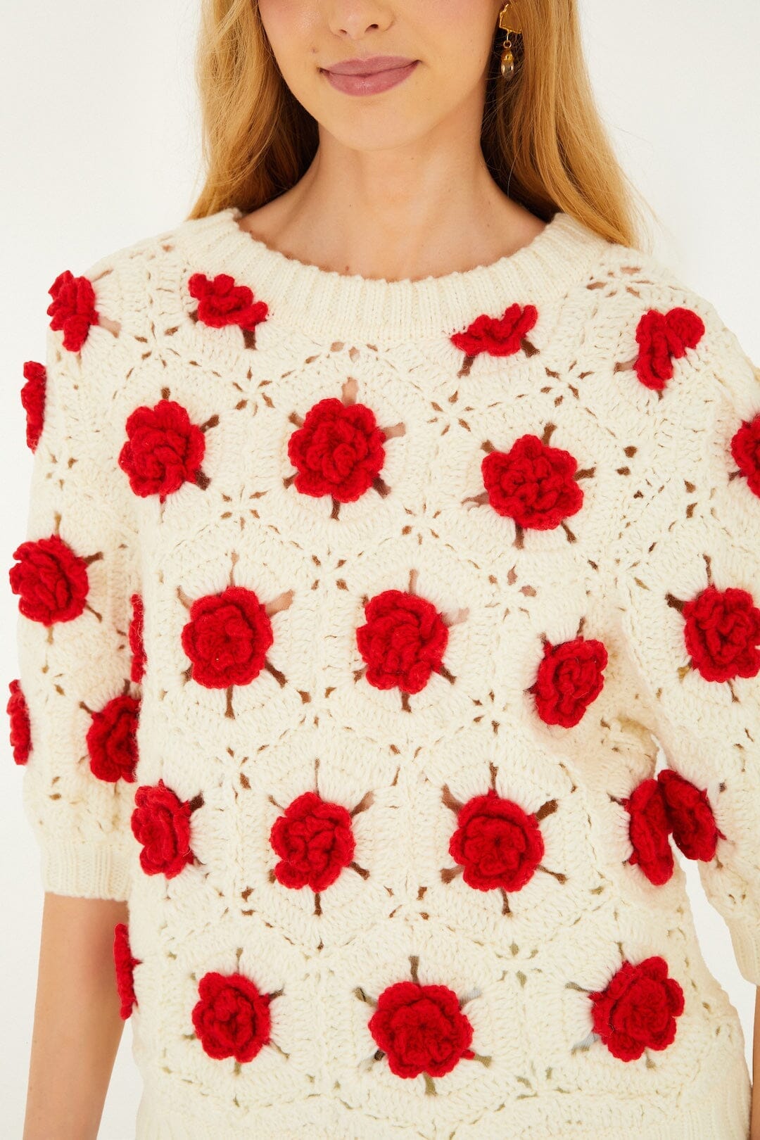 FARM Rio Sale by Type Red Flower Crochet Knit Blouse