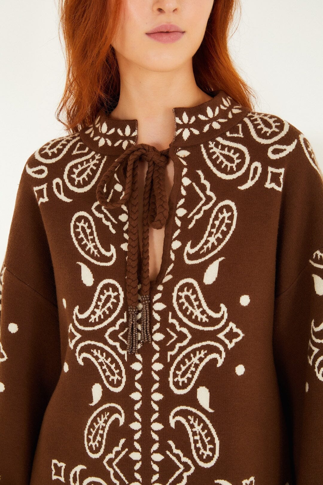 FARM Rio Sale by Type Brown Bohemian Paisley Beaded Rope Knit Sweater