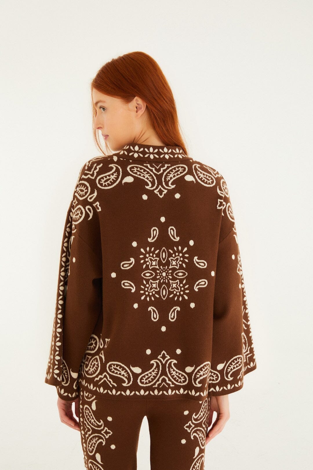 FARM Rio Sale by Type Brown Bohemian Paisley Beaded Rope Knit Sweater