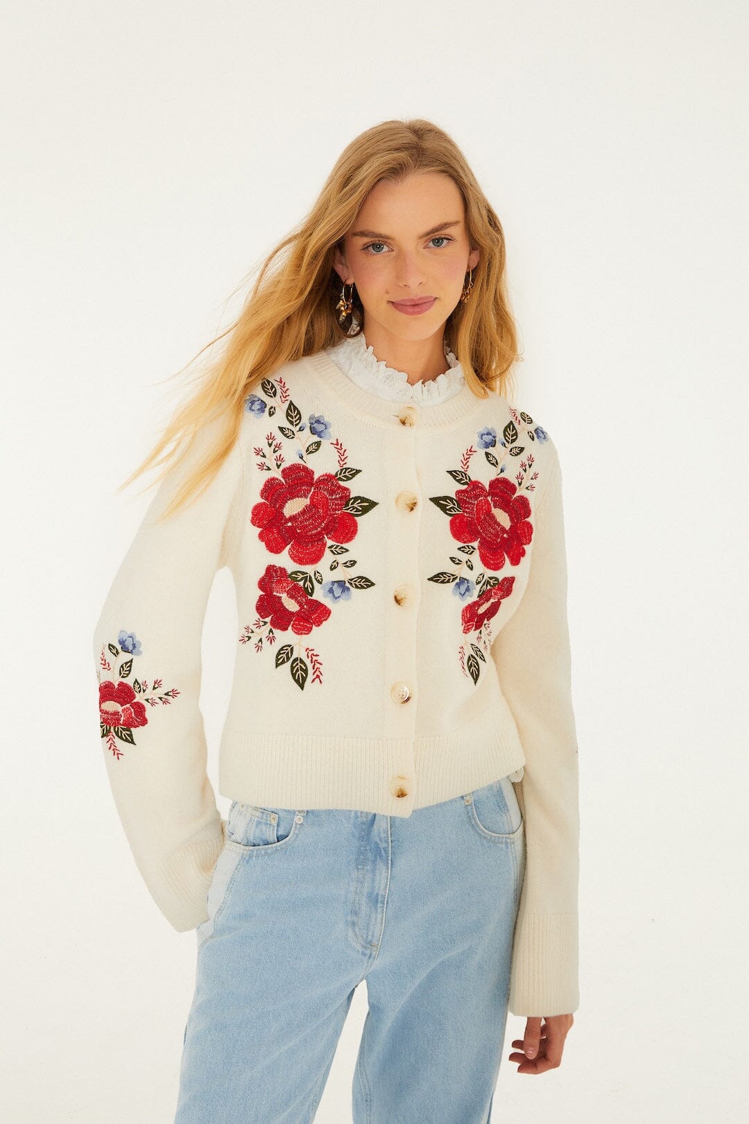 FARM Rio Sale by Type Cream Embroidered Flowers Buttoned Knit Cardigan