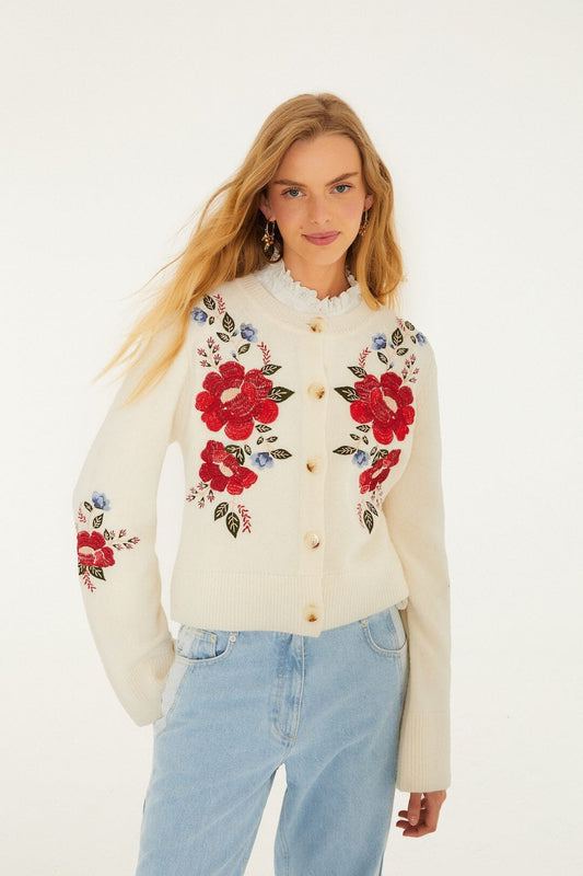 FARM Rio Sale by Type Cream Embroidered Flowers Buttoned Knit Cardigan