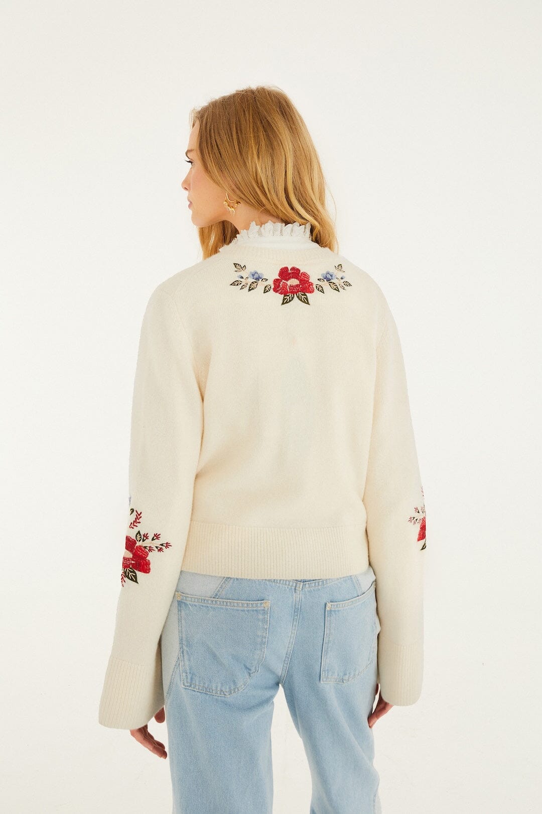 FARM Rio Sale by Type Cream Embroidered Flowers Buttoned Knit Cardigan