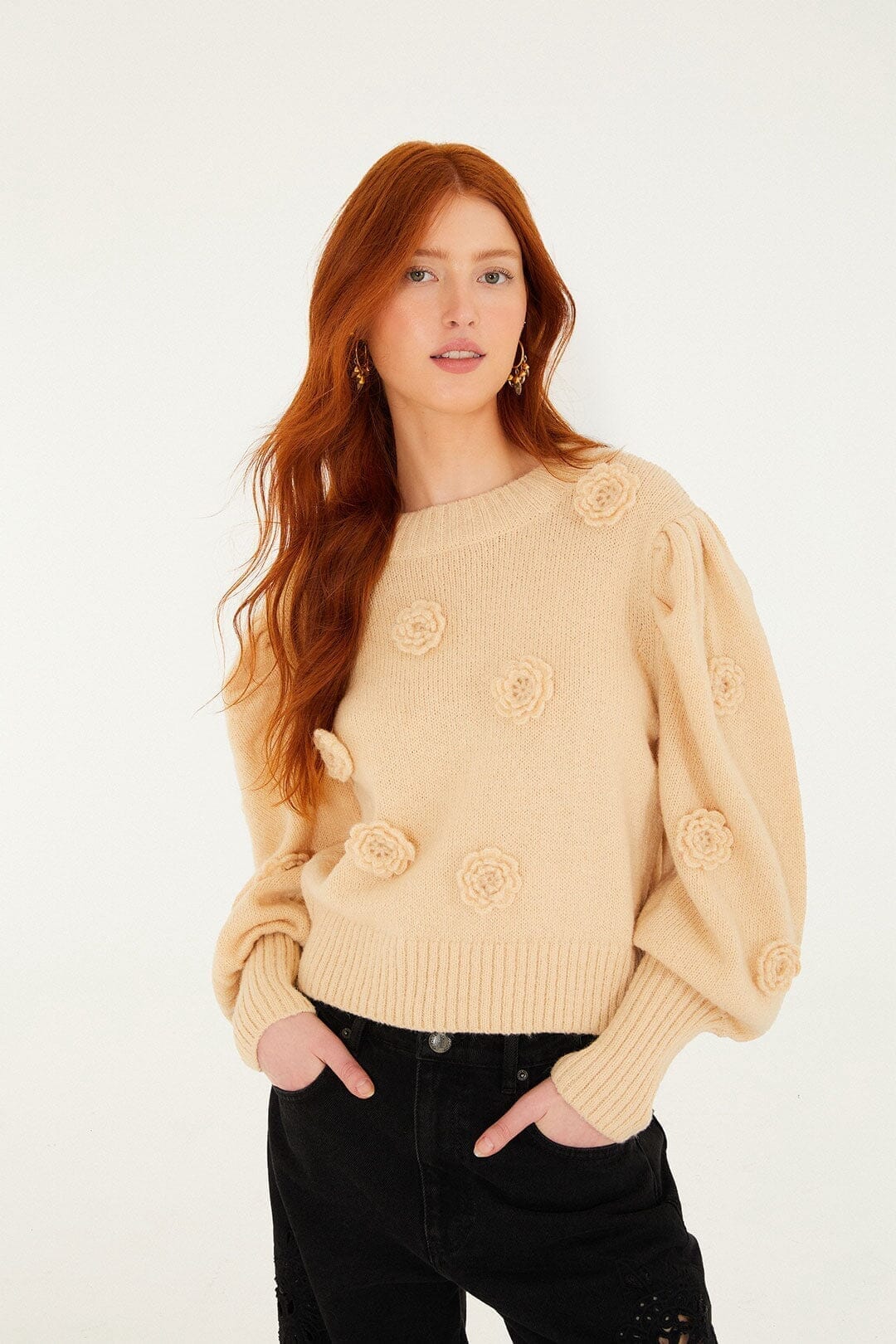 FARM Rio Sale by Type Sand Crochet 3d Flower Dropped Shoulder Knit Sweater