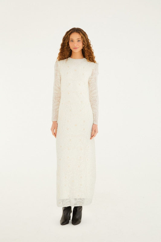 FARM Rio Sale Dresses Off-White Embroidered Crew Neck Long Sleeve Maxi Dress
