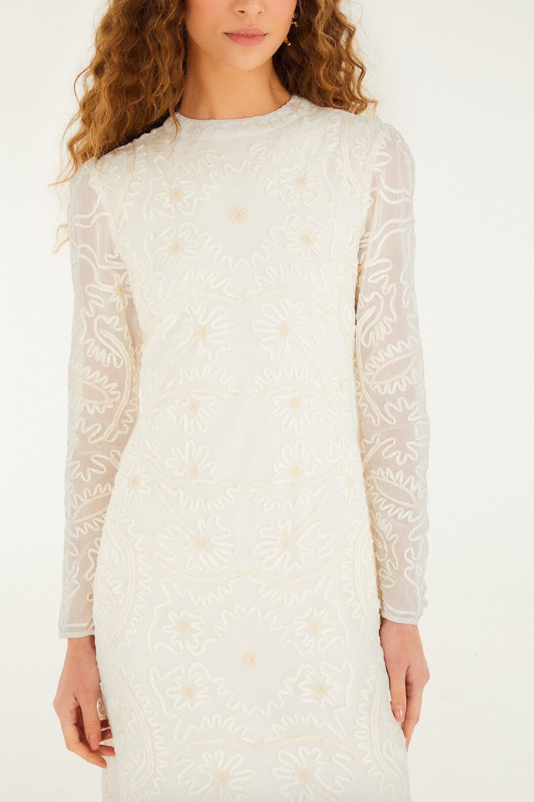 FARM Rio Sale Dresses Off-White Embroidered Crew Neck Long Sleeve Maxi Dress