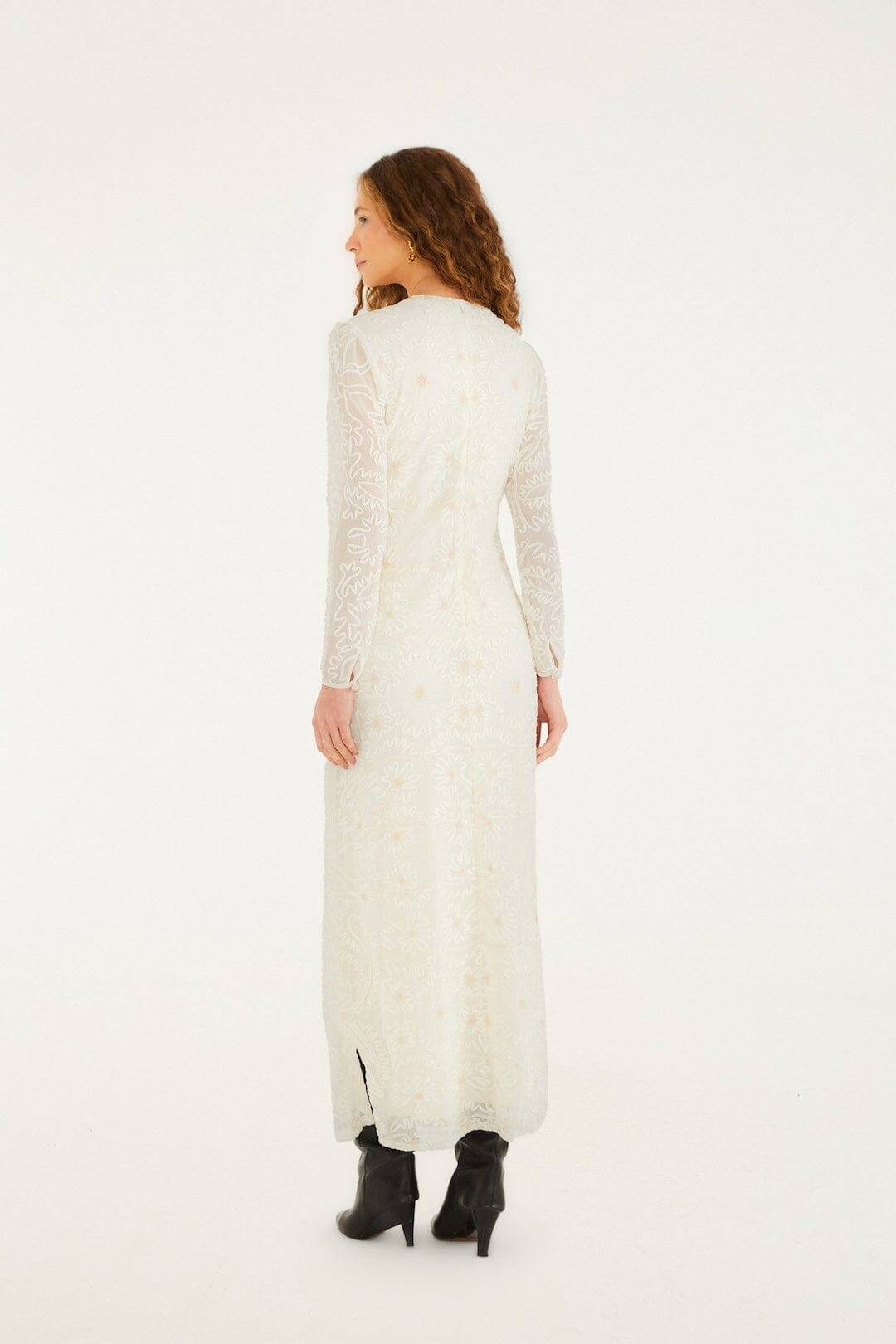 FARM Rio Sale Dresses Off-White Embroidered Crew Neck Long Sleeve Maxi Dress