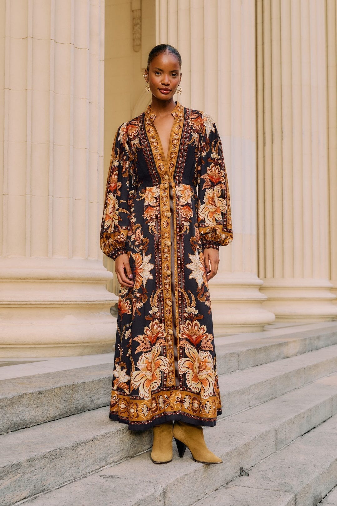 FARM Rio Sale Dresses Black Majestic Garden Buttoned Puff Sleeve Maxi Dress
