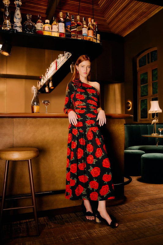 FARM Rio Sale Dresses Black Latin Roses 3d Flower One-Shoulder Draped Maxi Dress