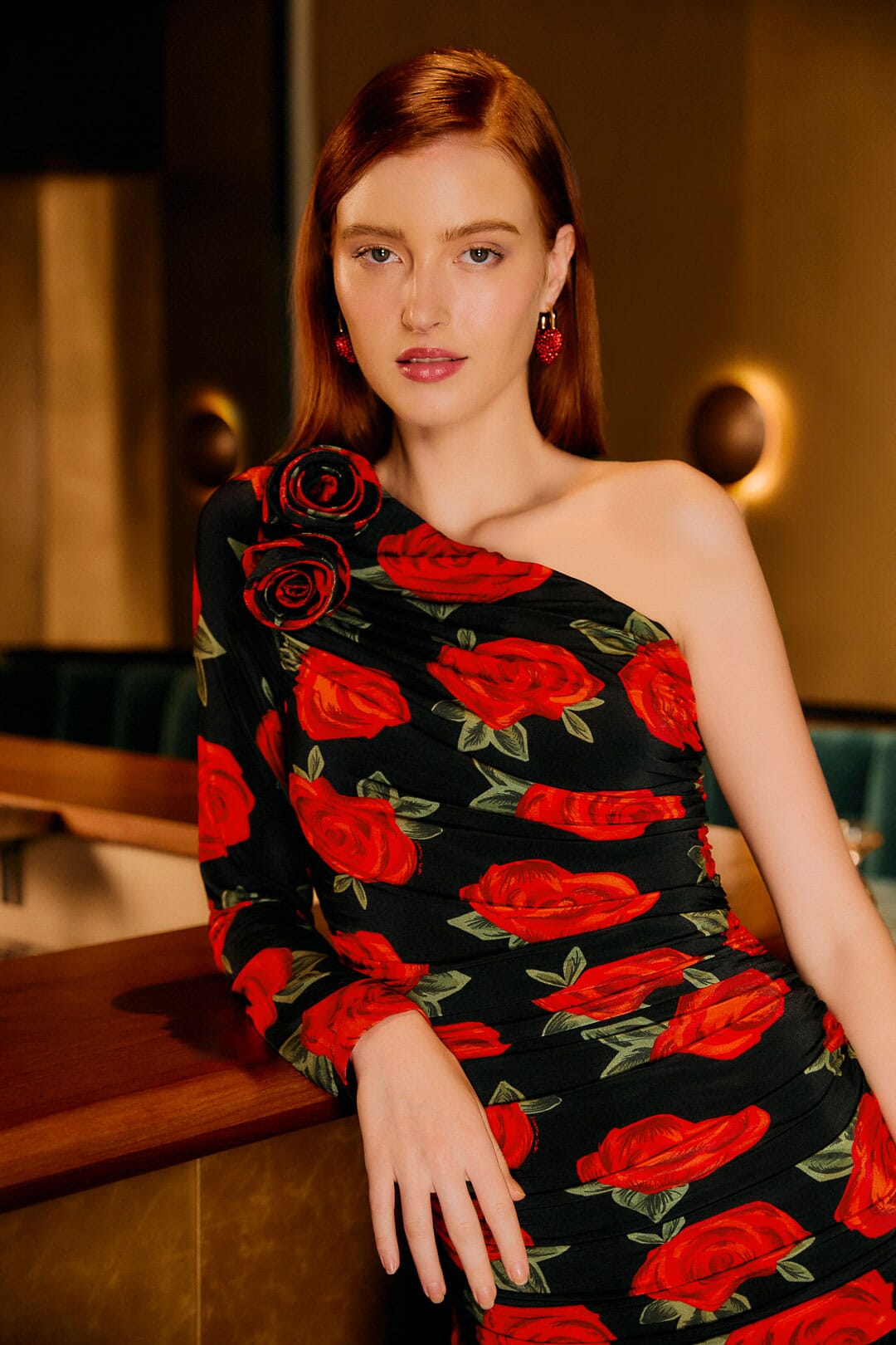 FARM Rio Sale Dresses Black Latin Roses 3d Flower One-Shoulder Draped Maxi Dress