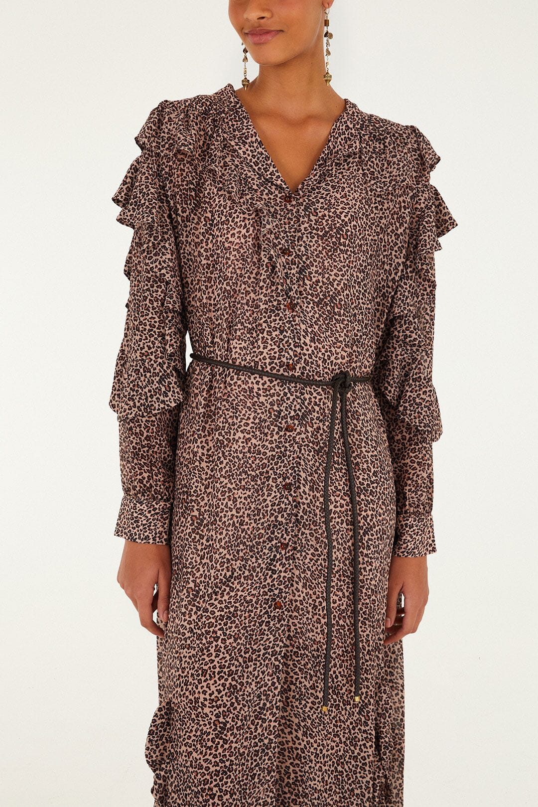 FARM Rio Sale Dresses Pink Baby Leopard Long Sleeve Angled Frill Maxi Dress