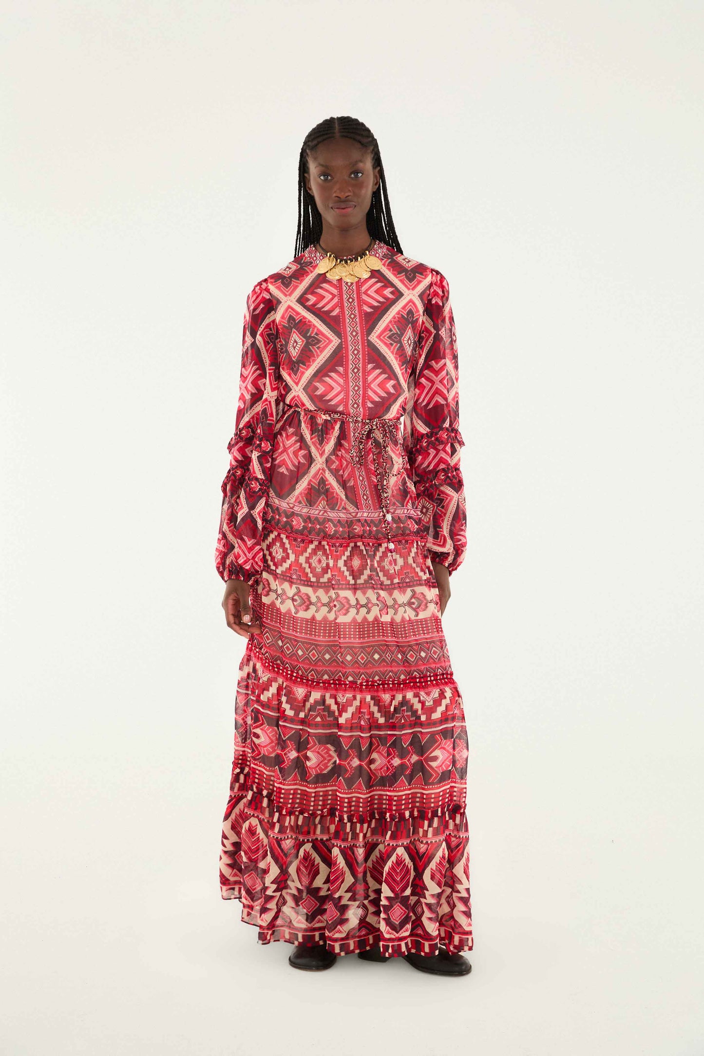 FARM Rio Sale Dresses Red Graphic Ainika Belted Tiered Maxi Dress