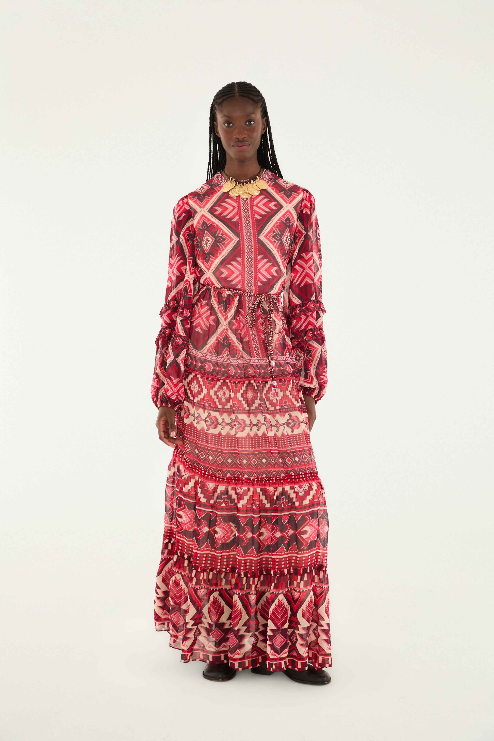 FARM Rio Sale Dresses Red Graphic Ainika Belted Tiered Maxi Dress