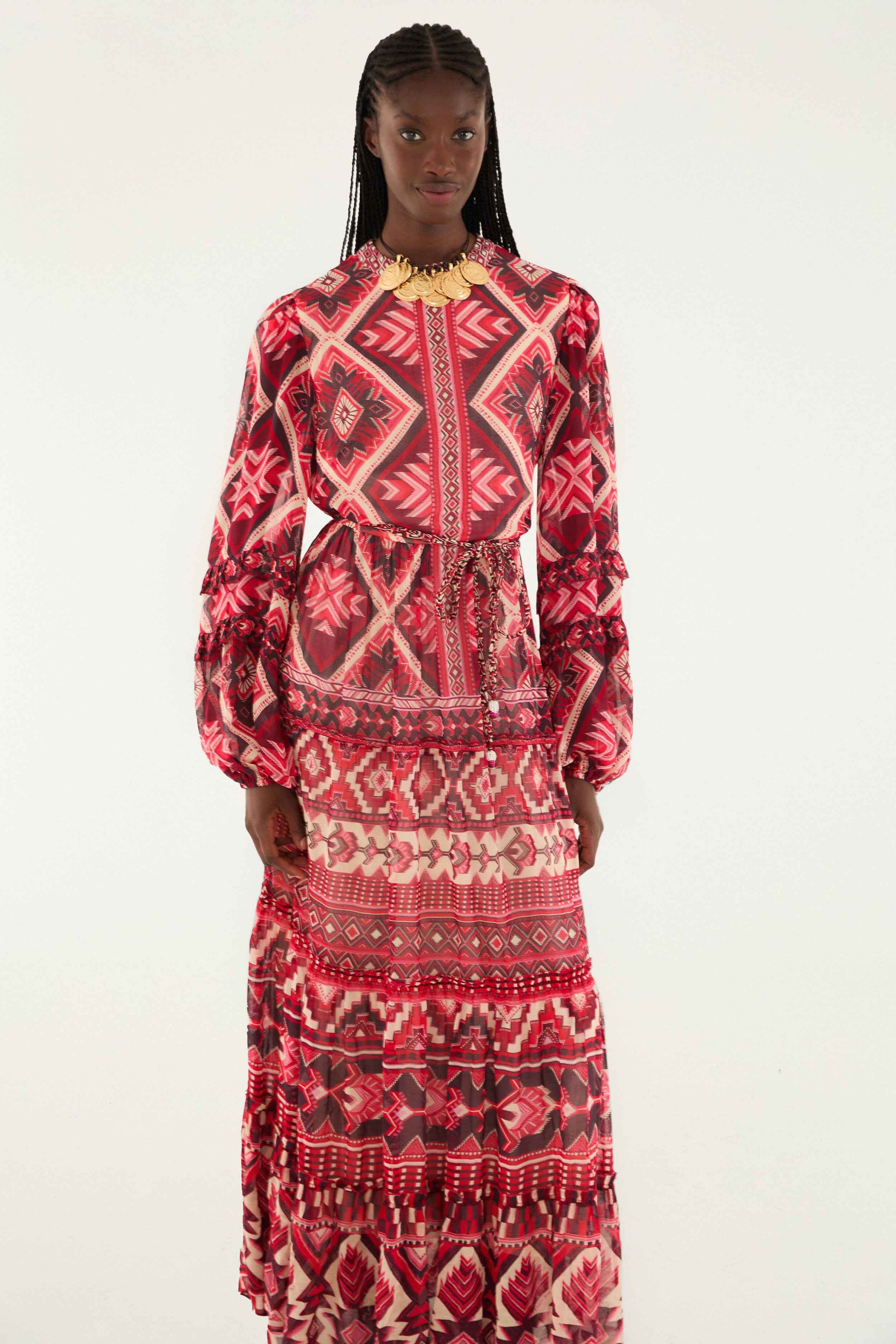 FARM Rio Sale Dresses Red Graphic Ainika Belted Tiered Maxi Dress