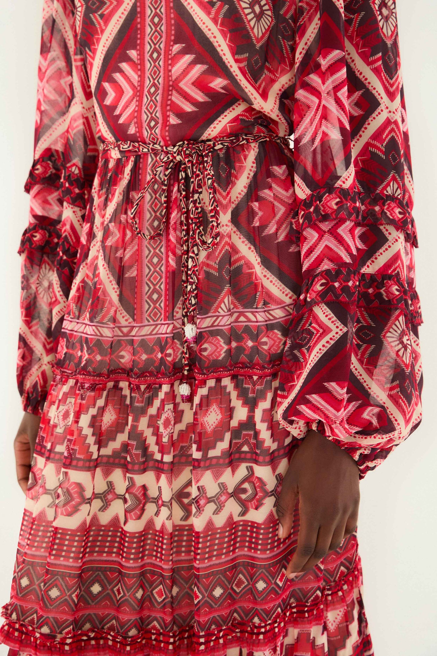 FARM Rio Sale Dresses Red Graphic Ainika Belted Tiered Maxi Dress