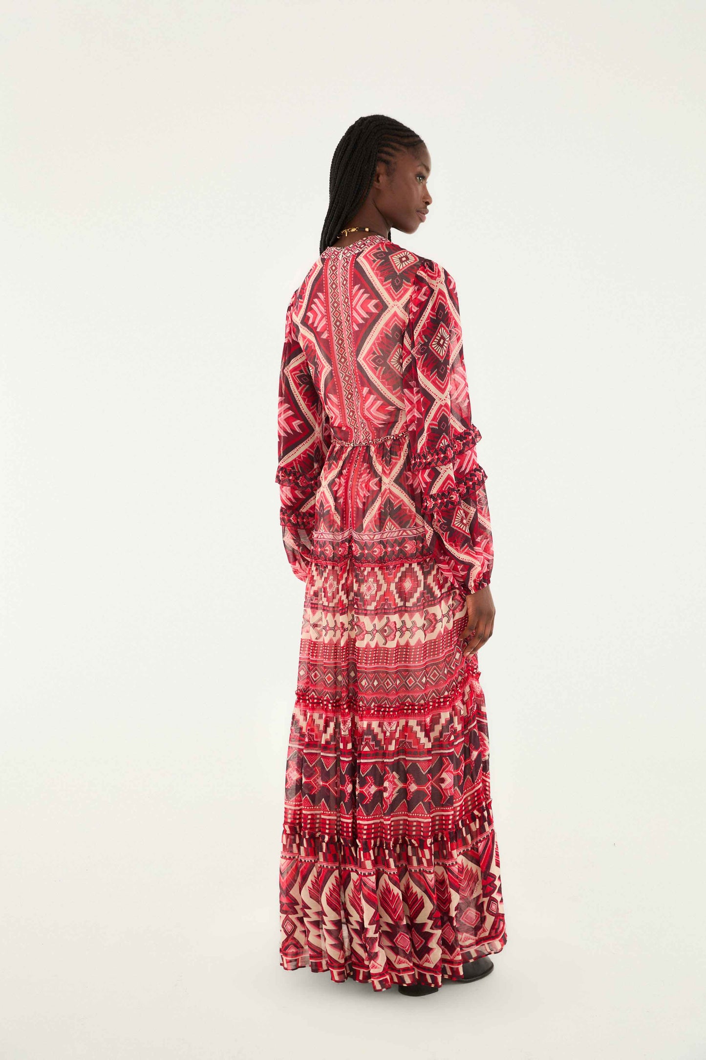 FARM Rio Sale Dresses Red Graphic Ainika Belted Tiered Maxi Dress