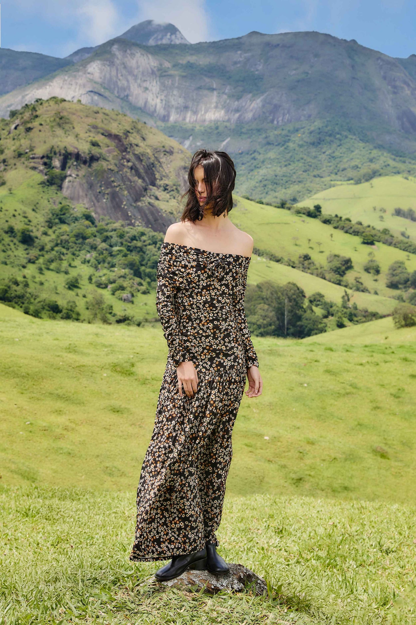 FARM Rio Sale Dresses Black Tiny Flowers Long Sleeve Maxi Dress