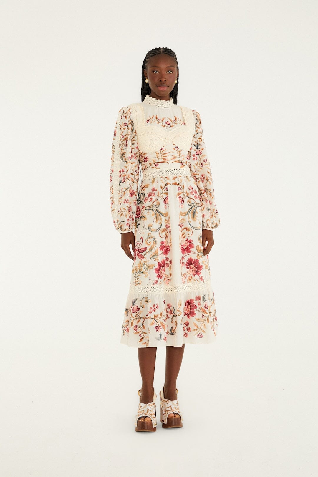 FARM Rio Sale Dresses Cream Royal Garden Long Sleeve Crochet Midi Dress