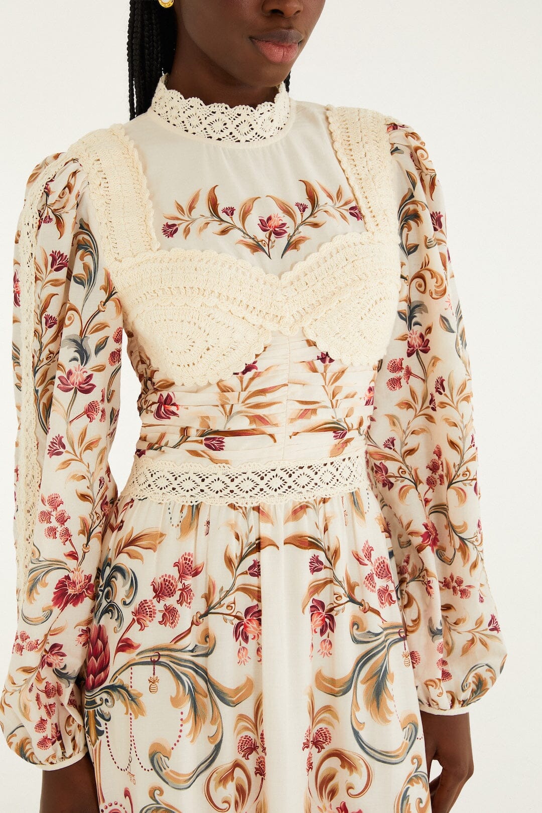 FARM Rio Sale Dresses Cream Royal Garden Long Sleeve Crochet Midi Dress