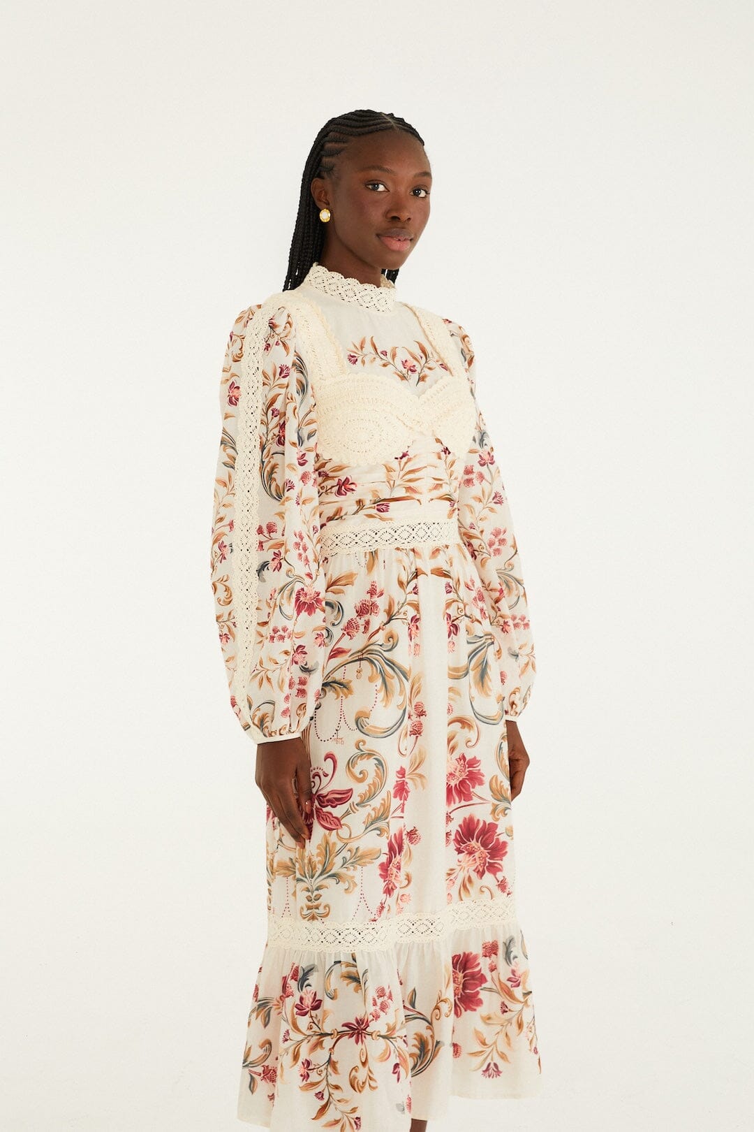 FARM Rio Sale Dresses Cream Royal Garden Long Sleeve Crochet Midi Dress
