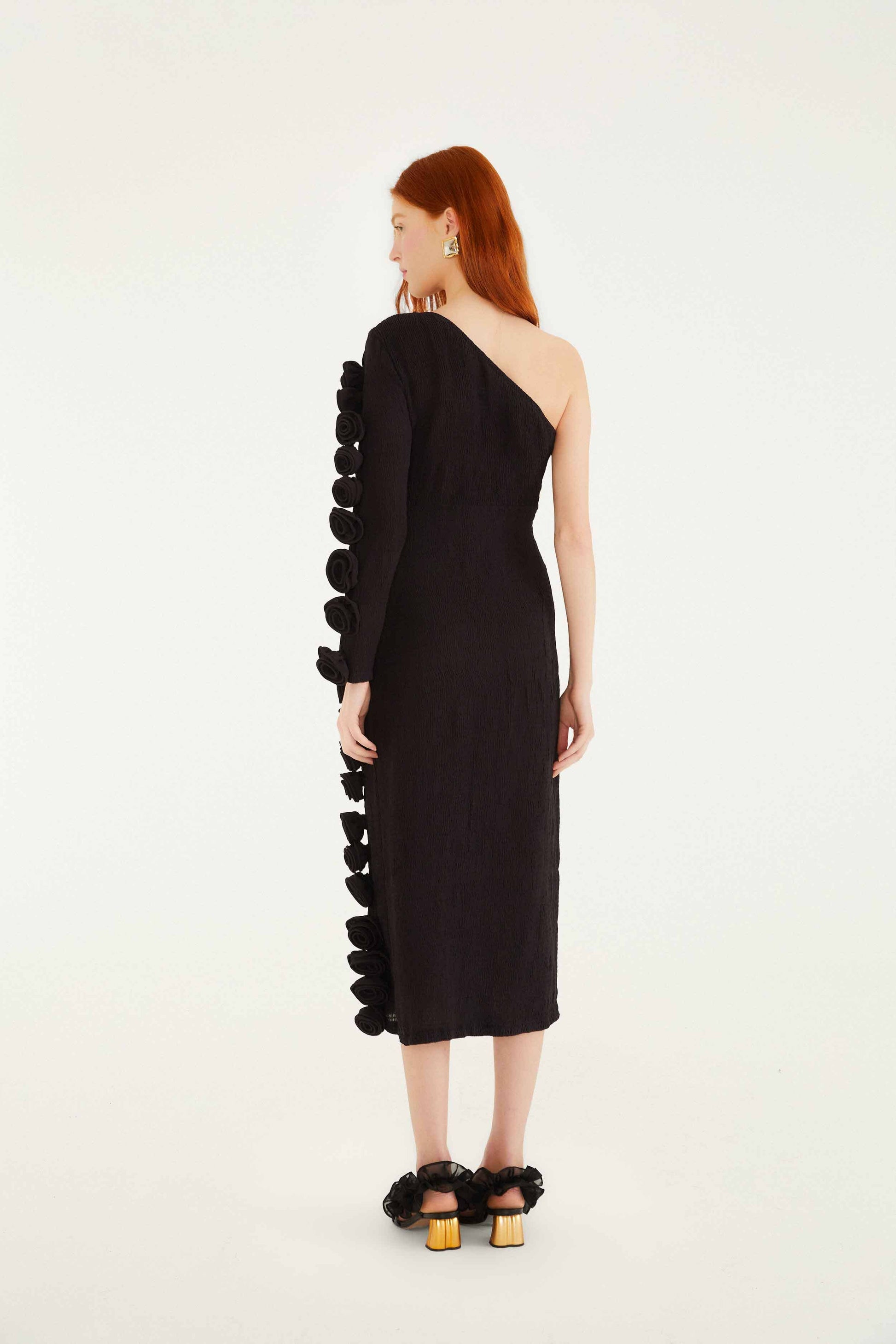 FARM Rio Sale Dresses Black 3d Rose One-Shoulder Midi Dress