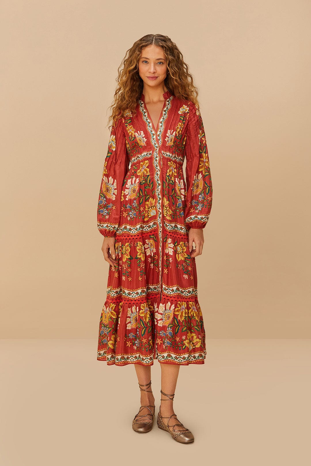 FARM Rio Sale Dresses Red Garden Delight Long Sleeve Midi Dress