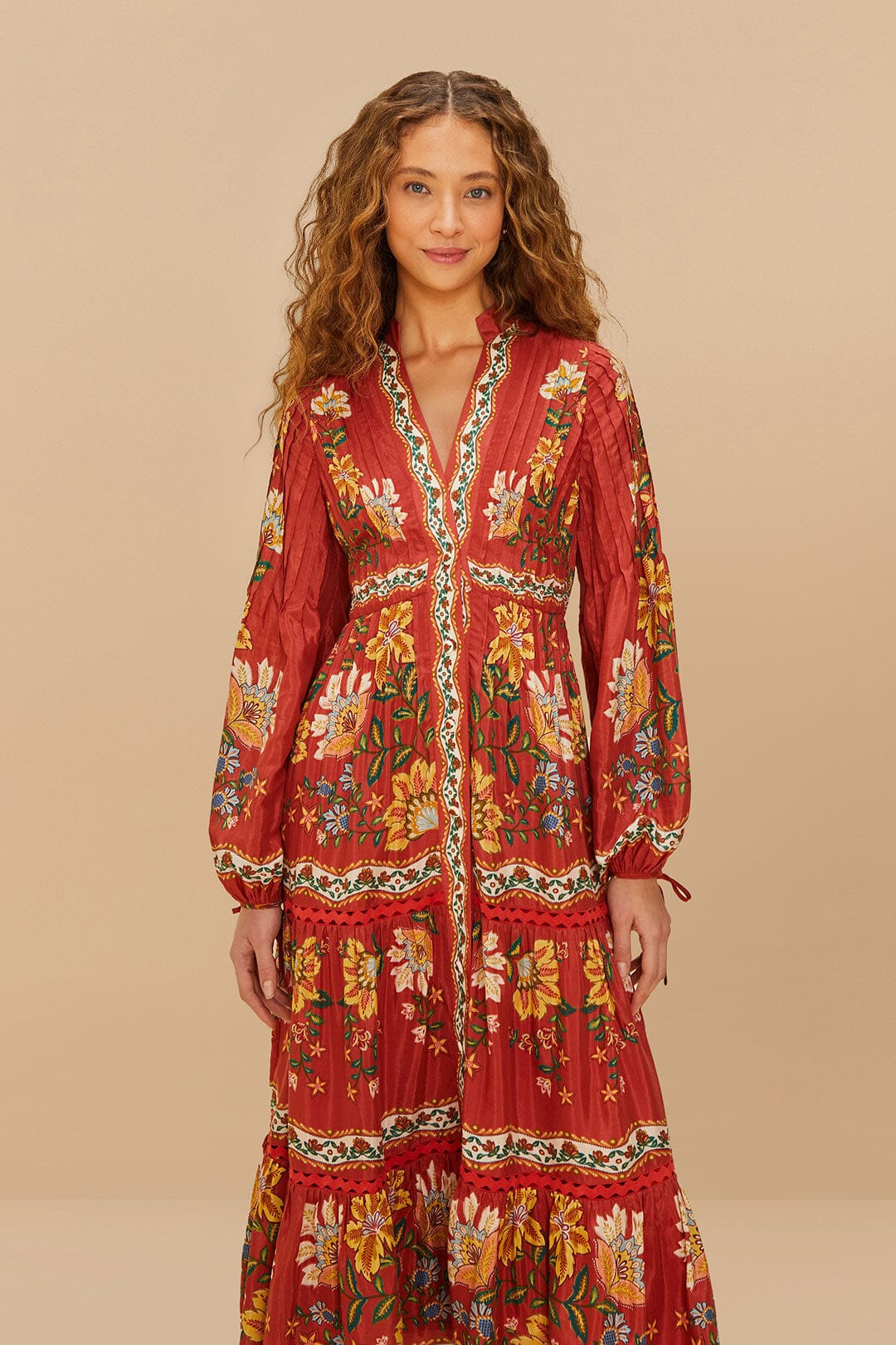 FARM Rio Sale Dresses Red Garden Delight Long Sleeve Midi Dress