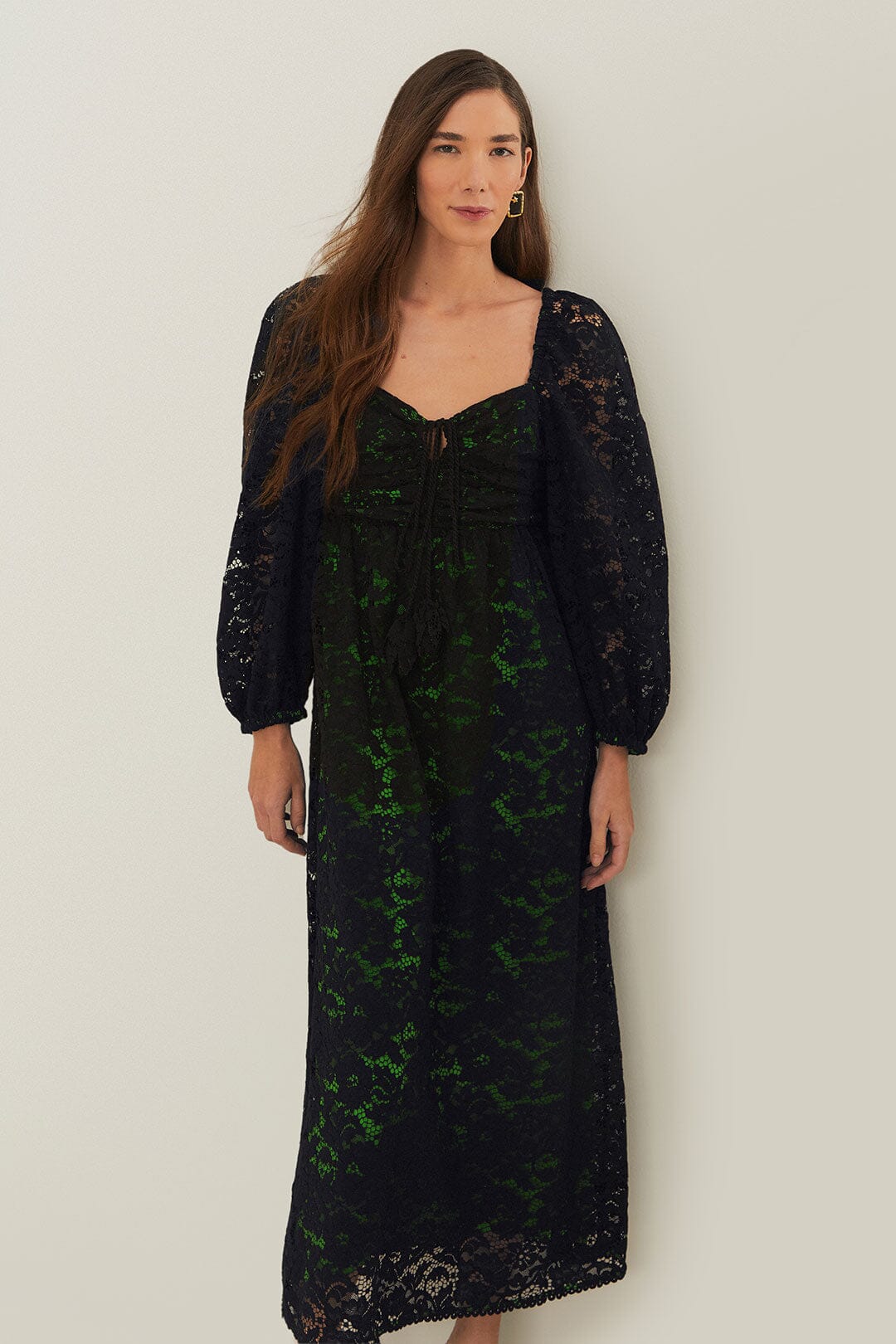 FARM Rio Sale Dresses Black Lace Long Sleeve Midi Dress