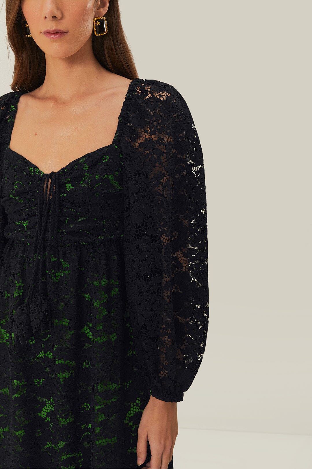 FARM Rio Sale Dresses Black Lace Long Sleeve Midi Dress