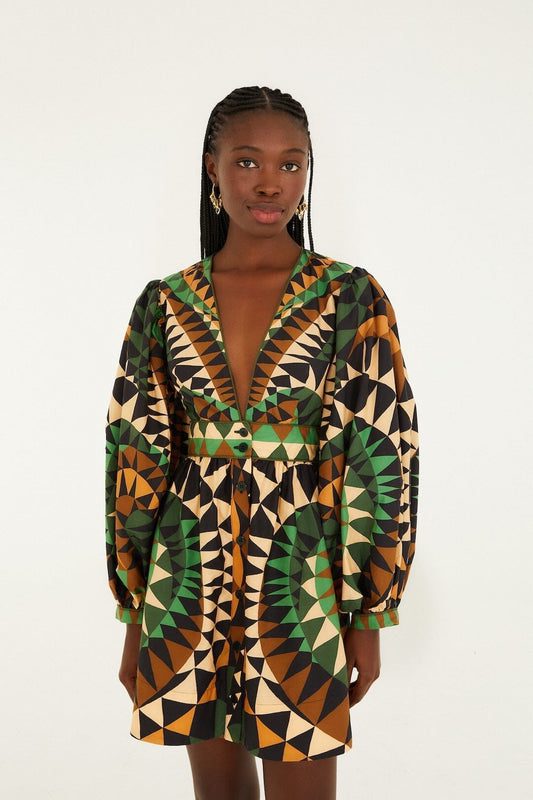 FARM Rio Sale Dresses Green Heart Deco Puff Sleeve Organic Cotton Mini Dress
