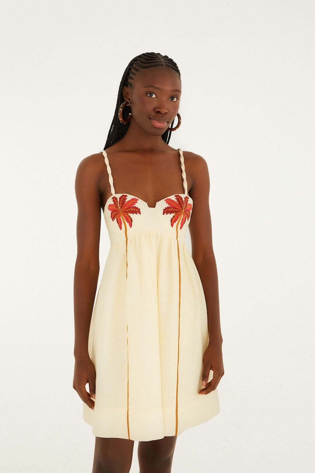 FARM Rio Sale Dresses Off-White Coconut Tree Embroidered Euroflax Premium Linen Mini Dress