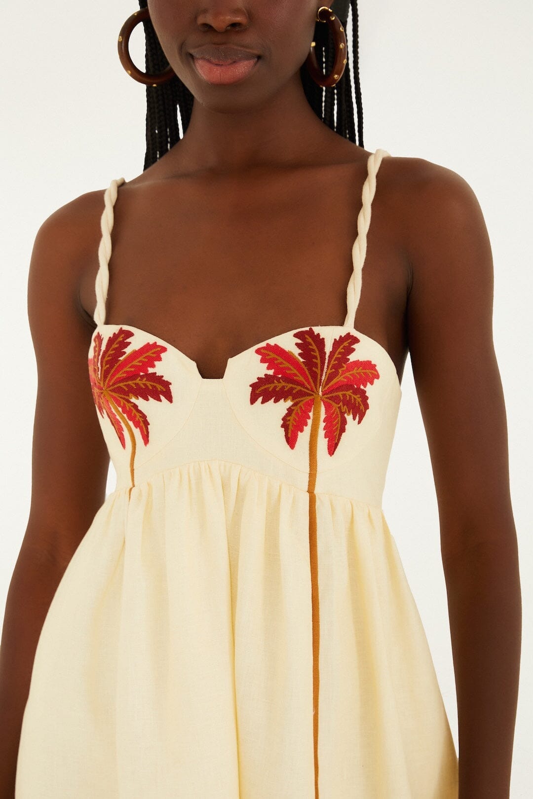 FARM Rio Sale Dresses Off-White Coconut Tree Embroidered Euroflax Premium Linen Mini Dress