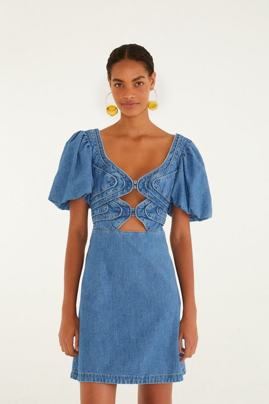 FARM Rio Shop Denim Wavy Cut-Out Puff Sleeve Mini Dress