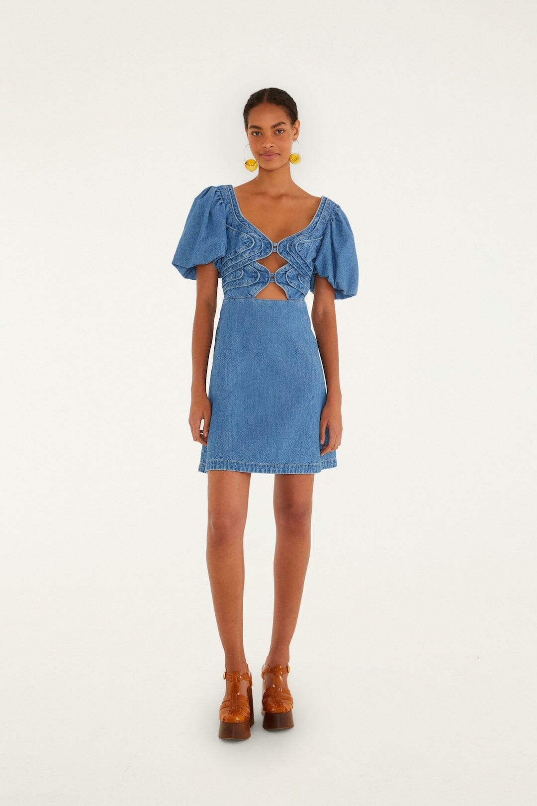 FARM Rio Shop Denim Wavy Cut-Out Puff Sleeve Mini Dress