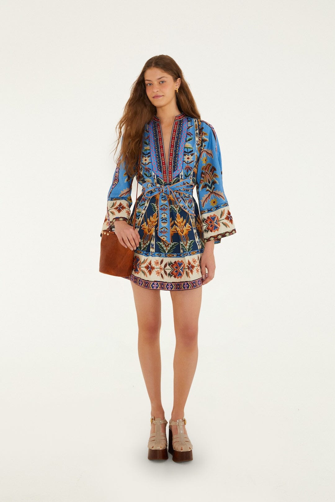 FARM Rio Shop Blue Embroidered Tapestry Organic Cotton Mini Dress