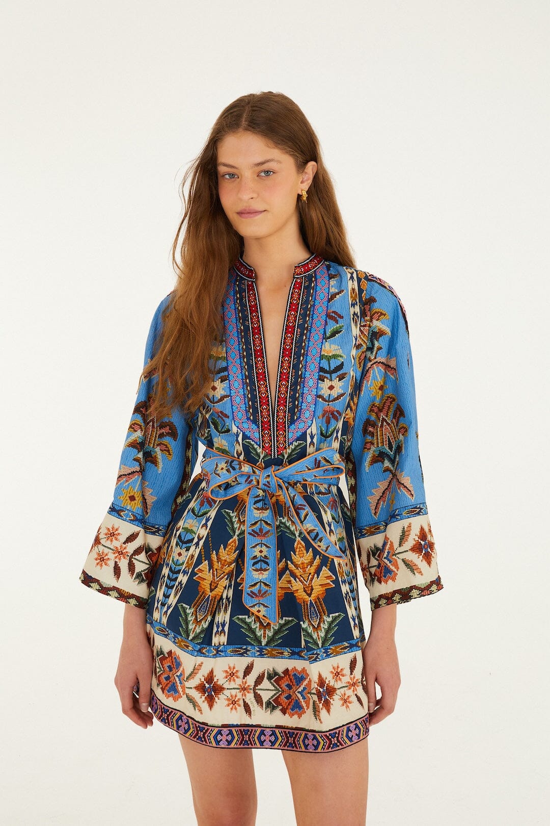 FARM Rio Shop Blue Embroidered Tapestry Organic Cotton Mini Dress