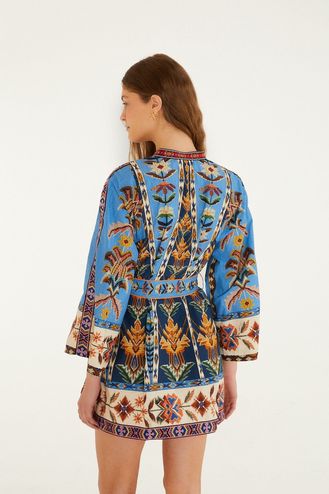 FARM Rio Shop Blue Embroidered Tapestry Organic Cotton Mini Dress