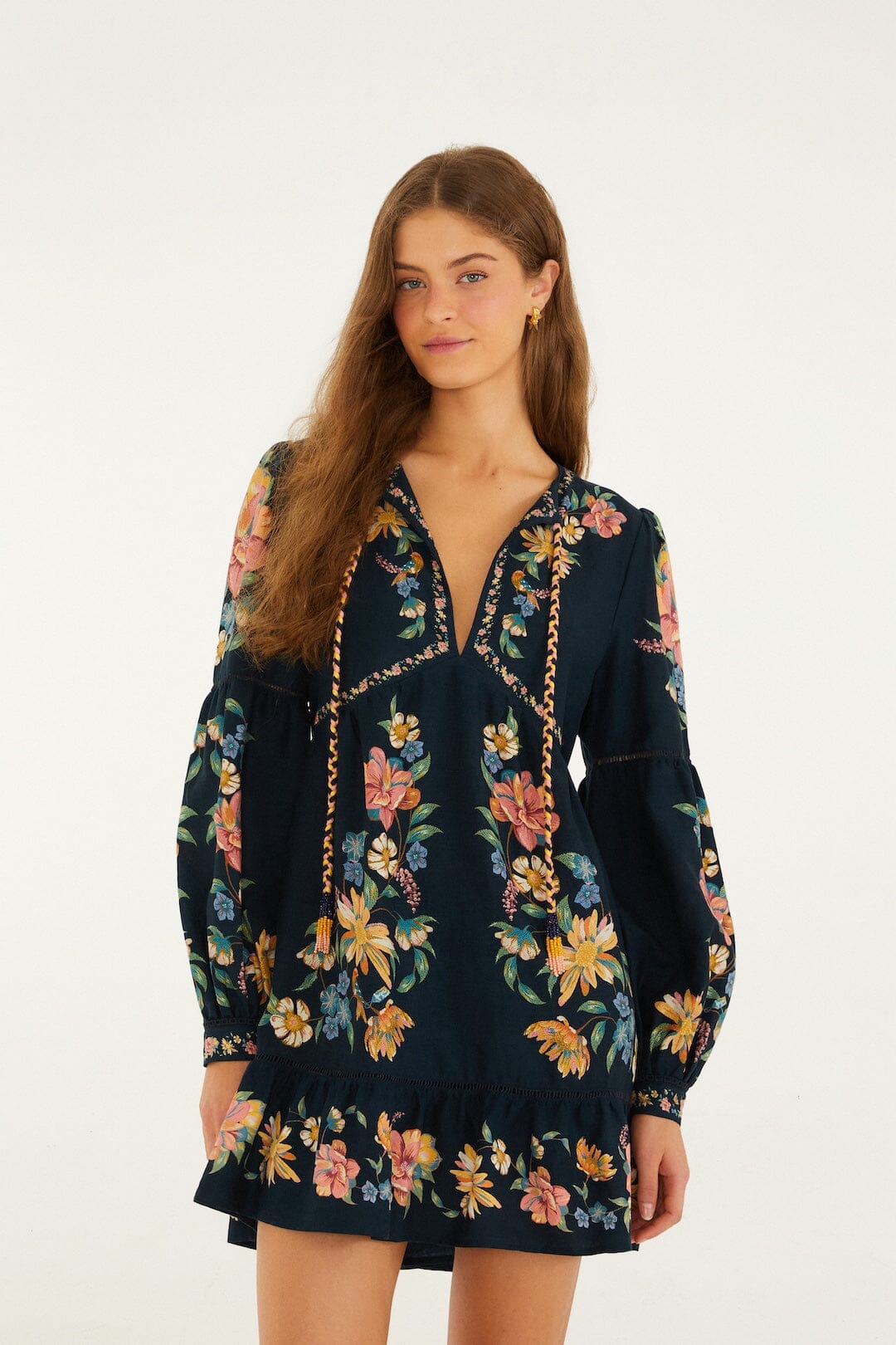 FARM Rio Shop Dark Blue Maira Floral Lenzing Ecovero Euroflax Mini Dress