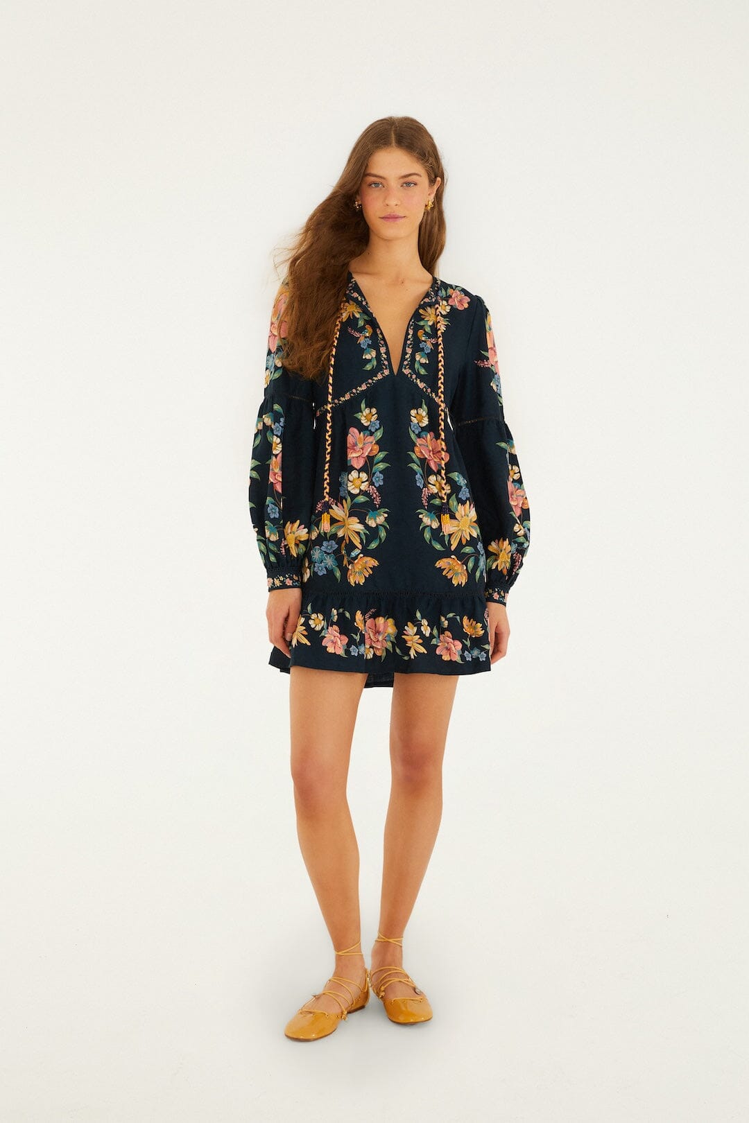 FARM Rio Shop Dark Blue Maira Floral Lenzing Ecovero Euroflax Mini Dress
