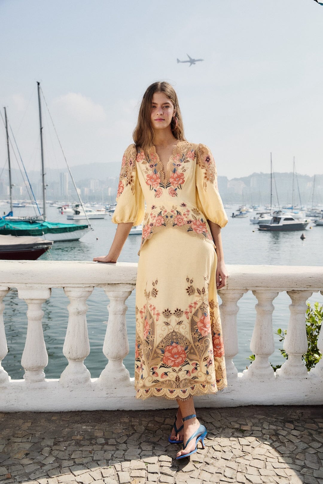 FARM Rio Shop Butter Yellow Embroidered Lenzing Ecovero Euroflax Midi Dress