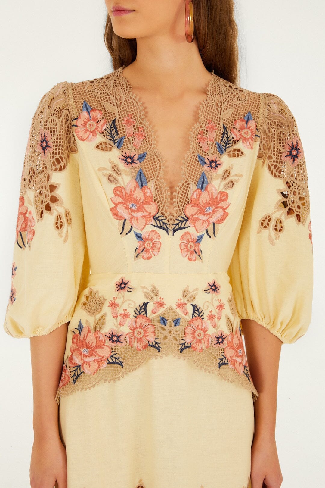 FARM Rio Shop Butter Yellow Embroidered Lenzing Ecovero Euroflax Midi Dress